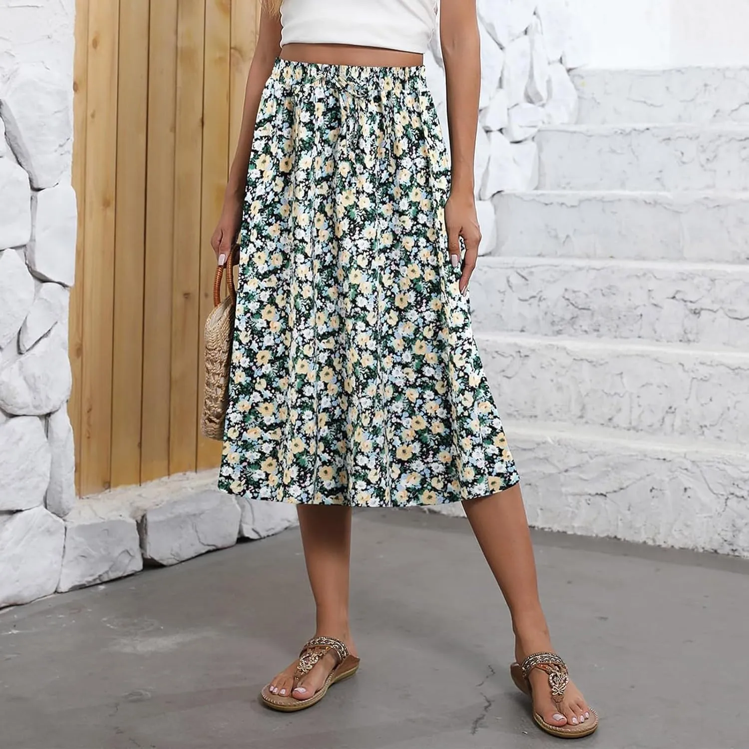 Women's Flowy Midi Skirts Elastic High Waist A-Line Casual Ruffle Skirts Pleated Boho Floral Skirts with Pockets