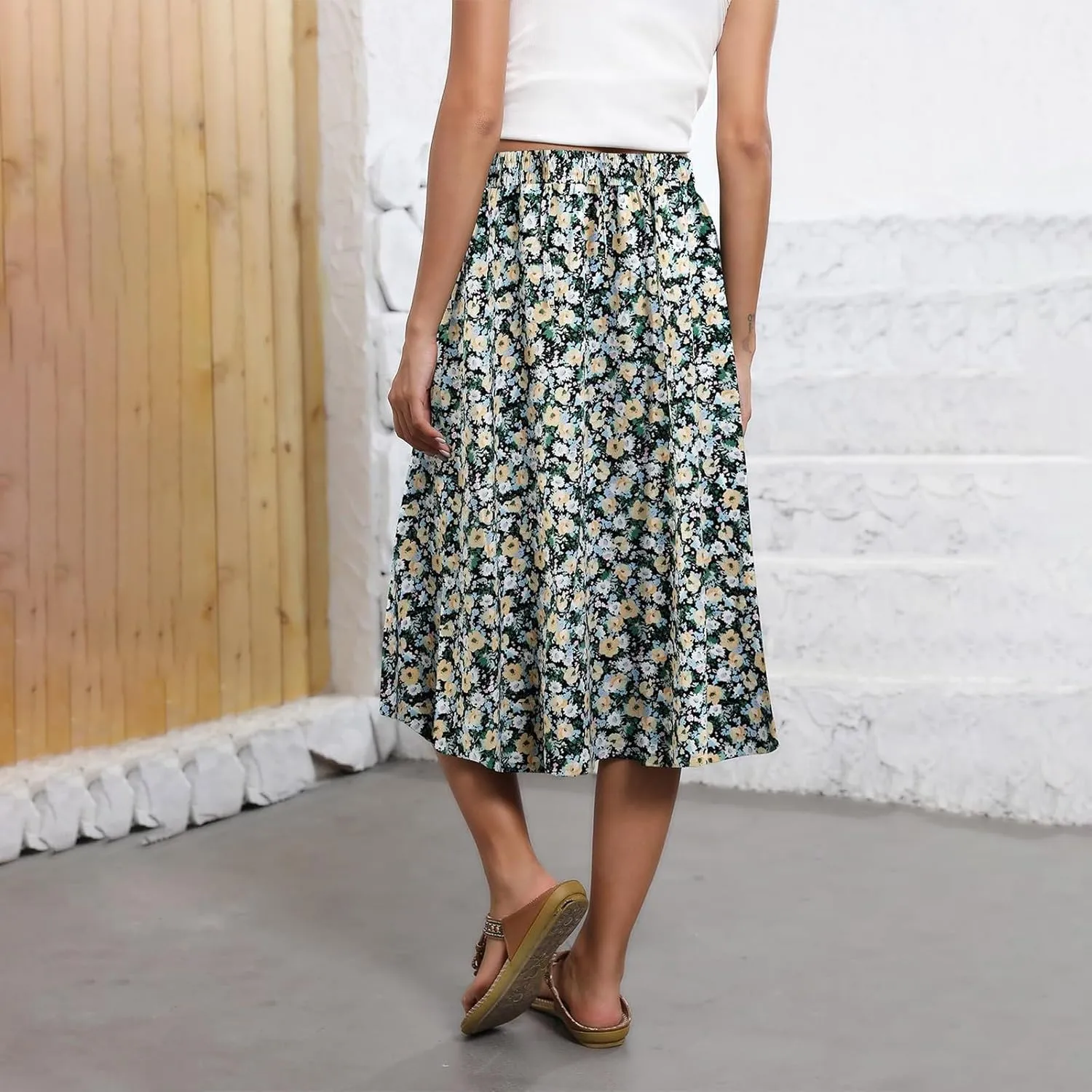 Women's Flowy Midi Skirts Elastic High Waist A-Line Casual Ruffle Skirts Pleated Boho Floral Skirts with Pockets