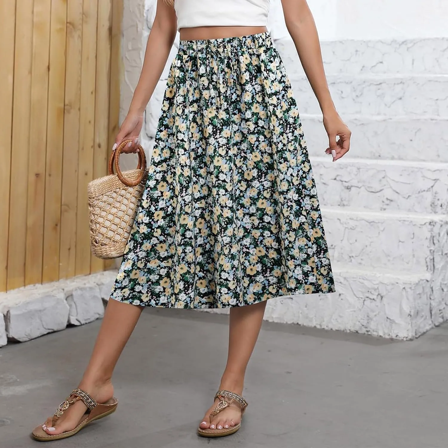 Women's Flowy Midi Skirts Elastic High Waist A-Line Casual Ruffle Skirts Pleated Boho Floral Skirts with Pockets