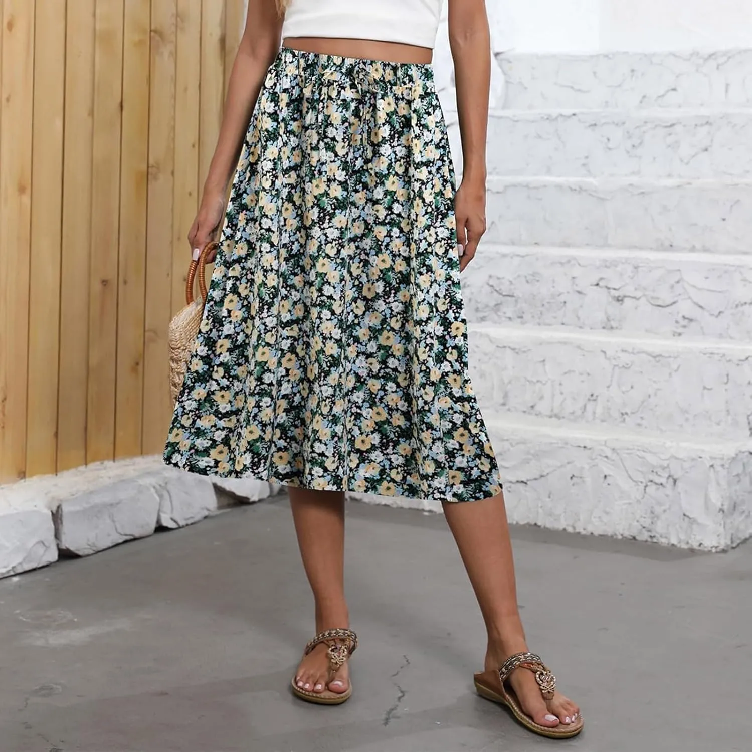 Women's Flowy Midi Skirts Elastic High Waist A-Line Casual Ruffle Skirts Pleated Boho Floral Skirts with Pockets