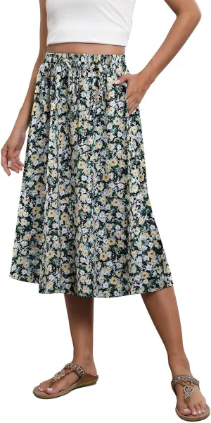 Women's Flowy Midi Skirts Elastic High Waist A-Line Casual Ruffle Skirts Pleated Boho Floral Skirts with Pockets