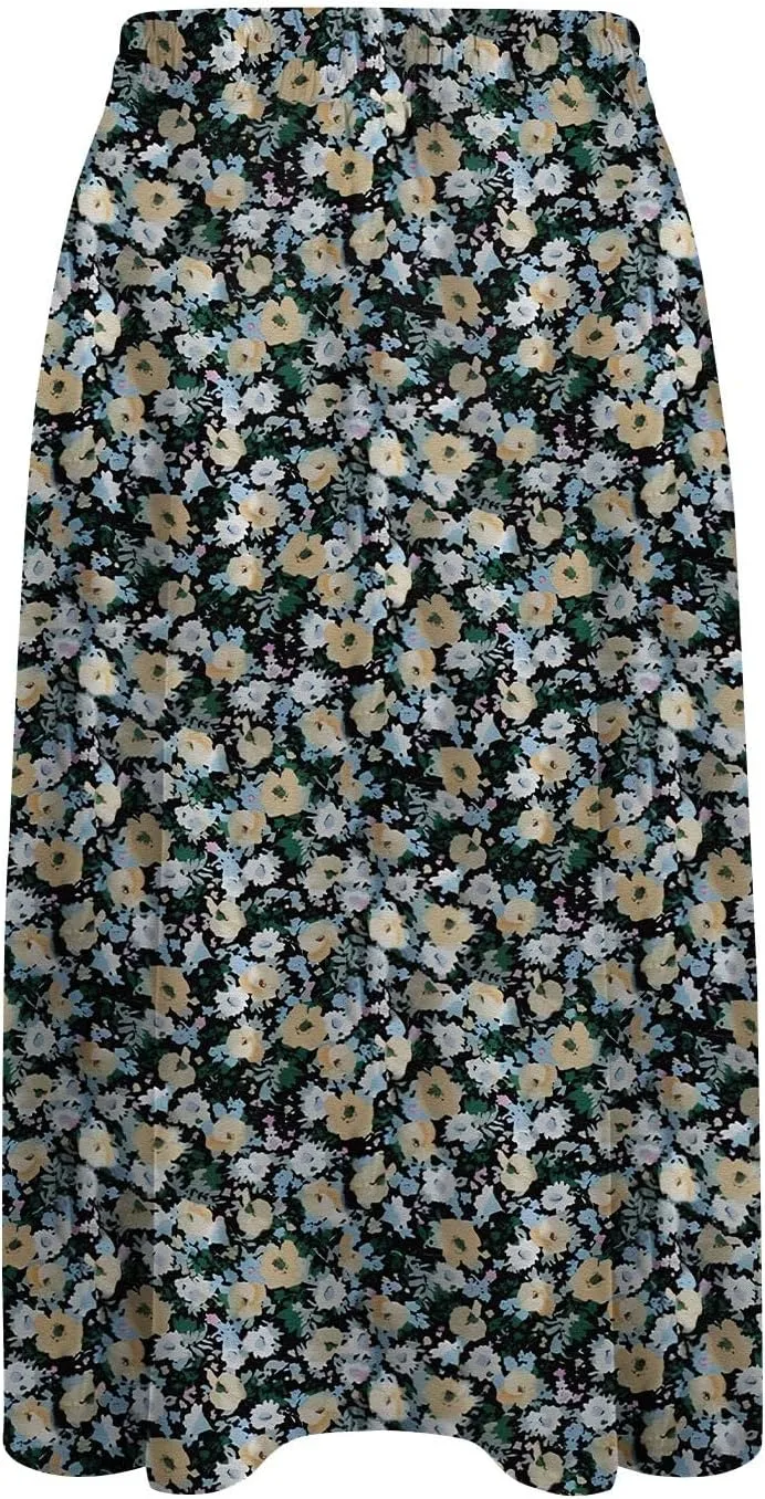 Women's Flowy Midi Skirts Elastic High Waist A-Line Casual Ruffle Skirts Pleated Boho Floral Skirts with Pockets