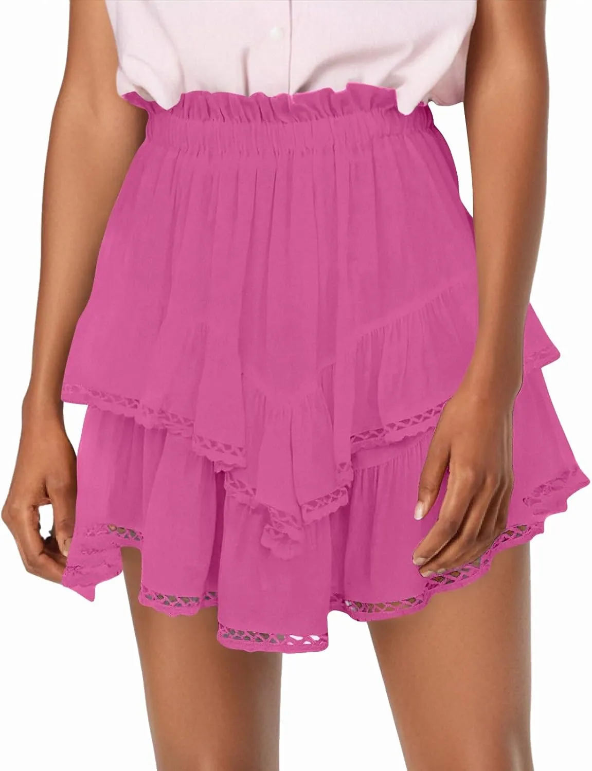 Womens Flowy Skirt Elastic High Waisted Pleated Mini Skirts Summer Casual Tiered Ruffle Skirt Lace Trim Boho Skirts