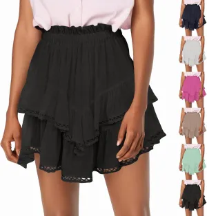 Womens Flowy Skirt Elastic High Waisted Pleated Mini Skirts Summer Casual Tiered Ruffle Skirt Lace Trim Boho Skirts