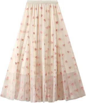 Women's French Mesh Mid-Calf Skirt Summer High Waist Loose A-Line Skirt