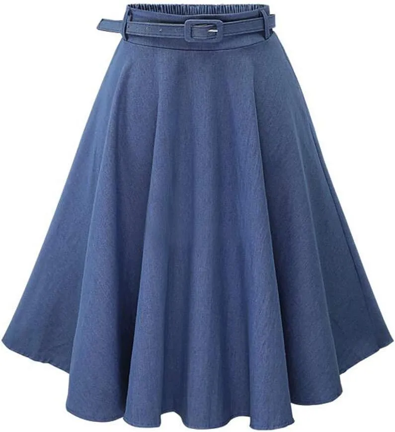 Women's Girls Elasic Waist Flared Denim Skirt Pleated Midi A-line Skirt Solid Color