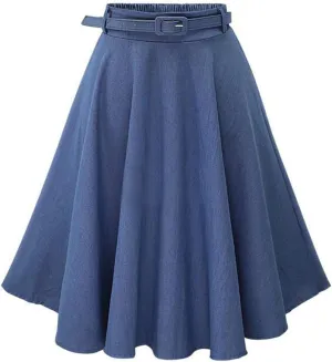 Women's Girls Elasic Waist Flared Denim Skirt Pleated Midi A-line Skirt Solid Color