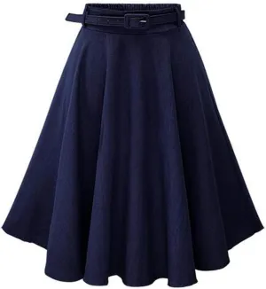 Women's Girls Elasic Waist Flared Denim Skirt Pleated Midi A-line Skirt Solid Color