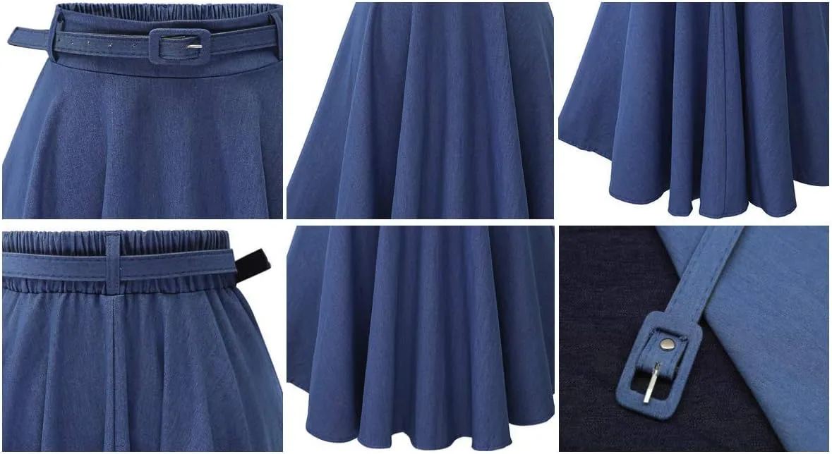 Women's Girls Elasic Waist Flared Denim Skirt Pleated Midi A-line Skirt Solid Color