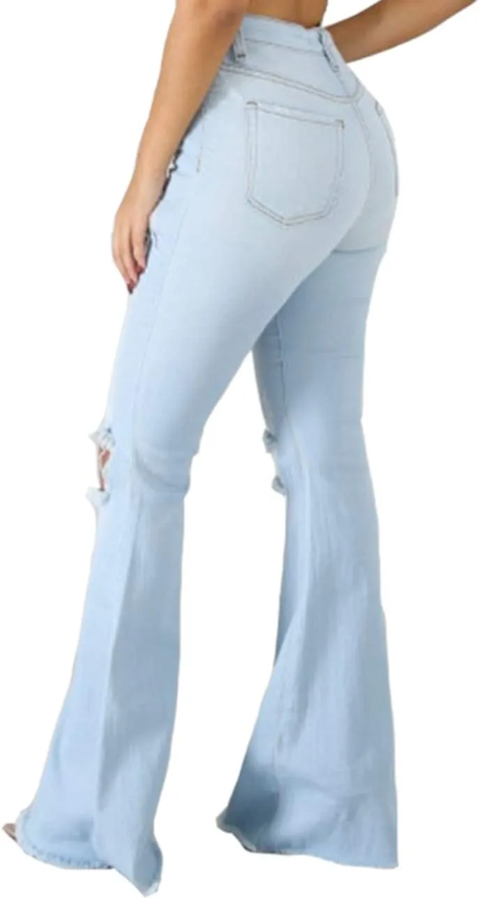 Women's High Rise Knee Ripped Flared Jeans Trousers Washed Stretch Distressed Wide Leg Denim Jeans Pants