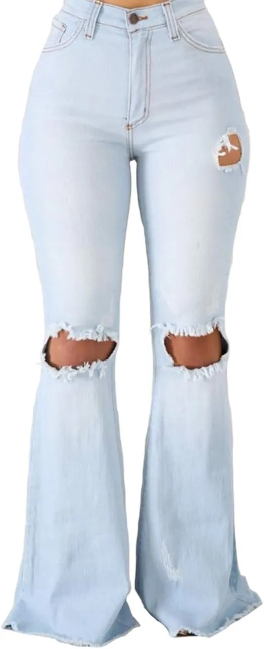 Women's High Rise Knee Ripped Flared Jeans Trousers Washed Stretch Distressed Wide Leg Denim Jeans Pants