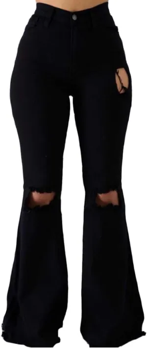 Women's High Rise Knee Ripped Flared Jeans Trousers Washed Stretch Distressed Wide Leg Denim Jeans Pants