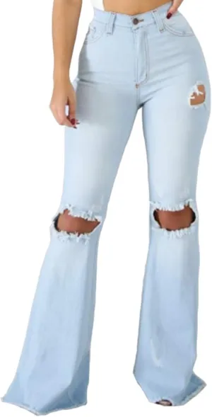 Women's High Rise Knee Ripped Flared Jeans Trousers Washed Stretch Distressed Wide Leg Denim Jeans Pants