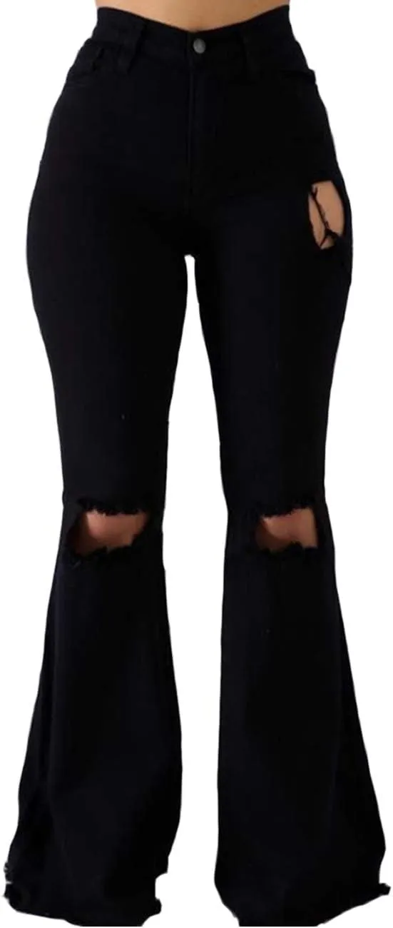 Women's High Rise Knee Ripped Flared Jeans Trousers Washed Stretch Distressed Wide Leg Denim Jeans Pants
