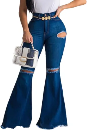 Women's High Rise Knee Ripped Flared Jeans Trousers Washed Stretch Distressed Wide Leg Denim Jeans Pants