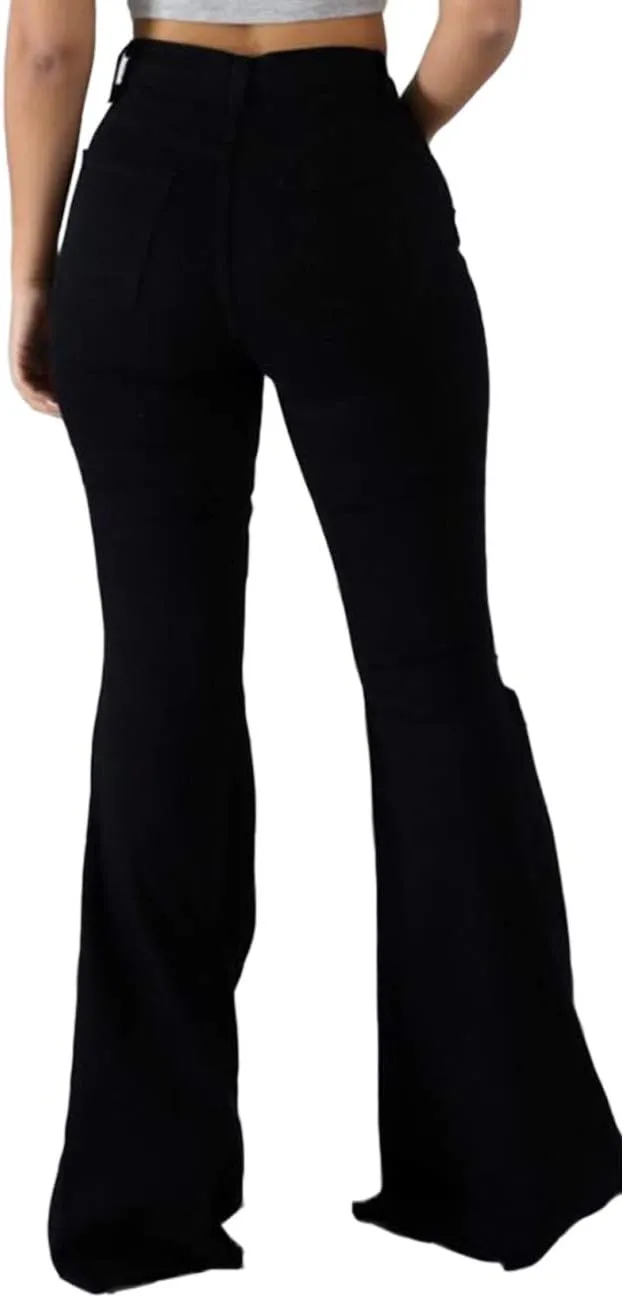Women's High Rise Knee Ripped Flared Jeans Trousers Washed Stretch Distressed Wide Leg Denim Jeans Pants