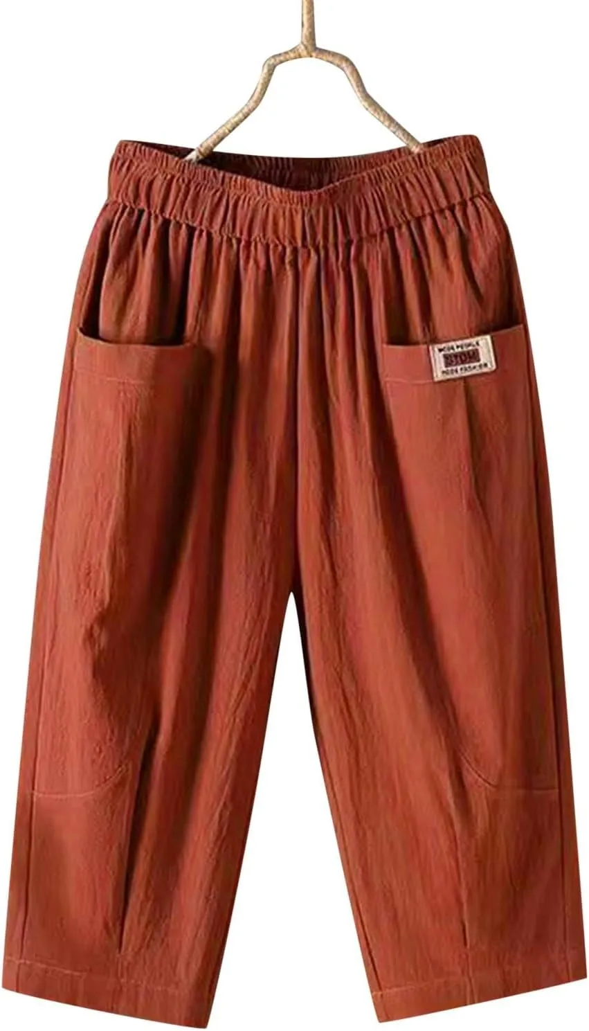Womens High Waist Linen Cropped Pants Summer Beach Casual Pants Elastic Waist with Pockets Loose Quick Dry