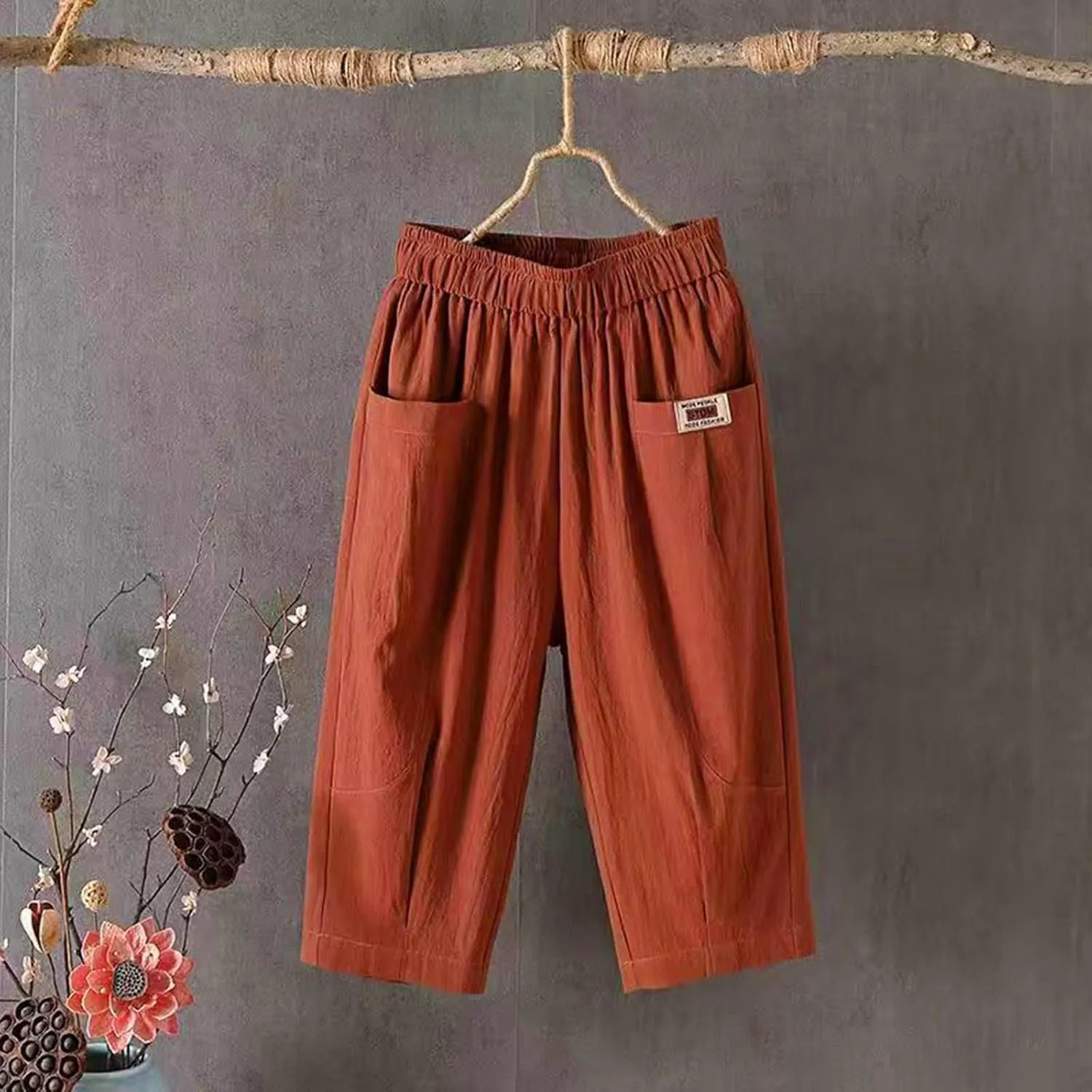 Womens High Waist Linen Cropped Pants Summer Beach Casual Pants Elastic Waist with Pockets Loose Quick Dry