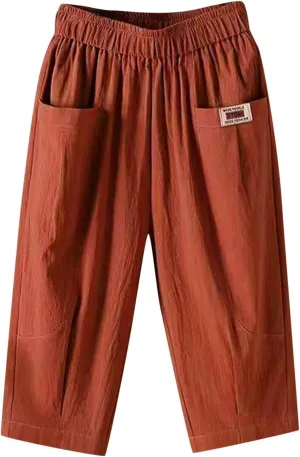 Womens High Waist Linen Cropped Pants Summer Beach Casual Pants Elastic Waist with Pockets Loose Quick Dry