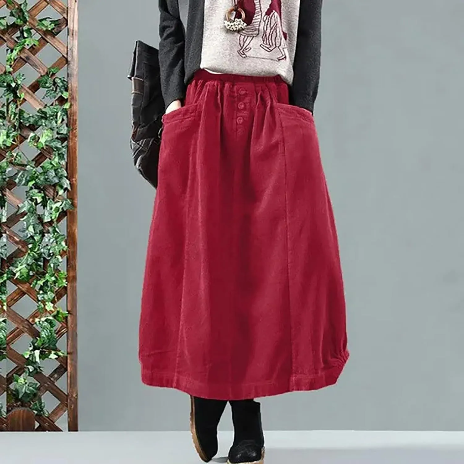 Women's High Waist Midi Skirt Vintage Elastic A-Line Pleated Button Front Skirts with Pockets
