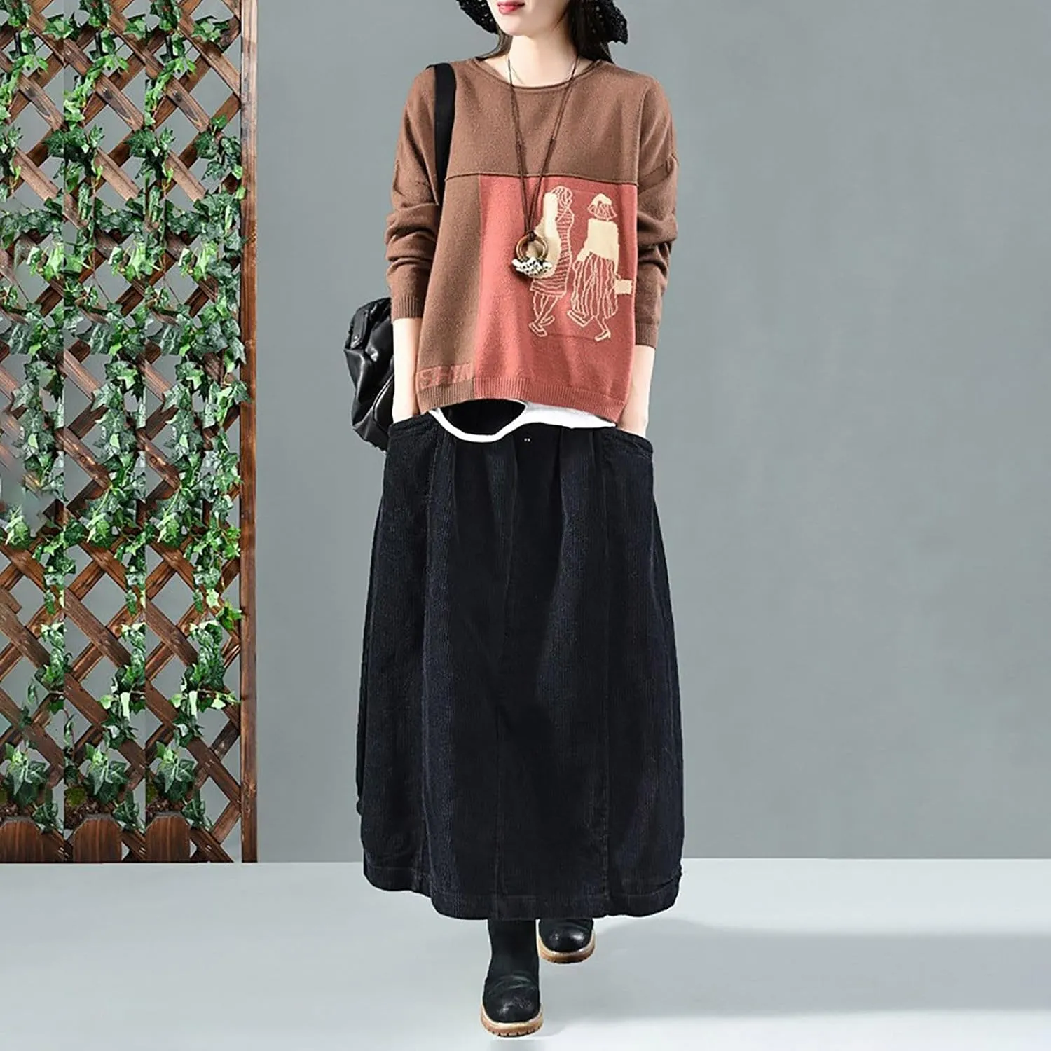 Women's High Waist Midi Skirt Vintage Elastic A-Line Pleated Button Front Skirts with Pockets