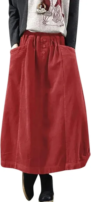 Women's High Waist Midi Skirt Vintage Elastic A-Line Pleated Button Front Skirts with Pockets
