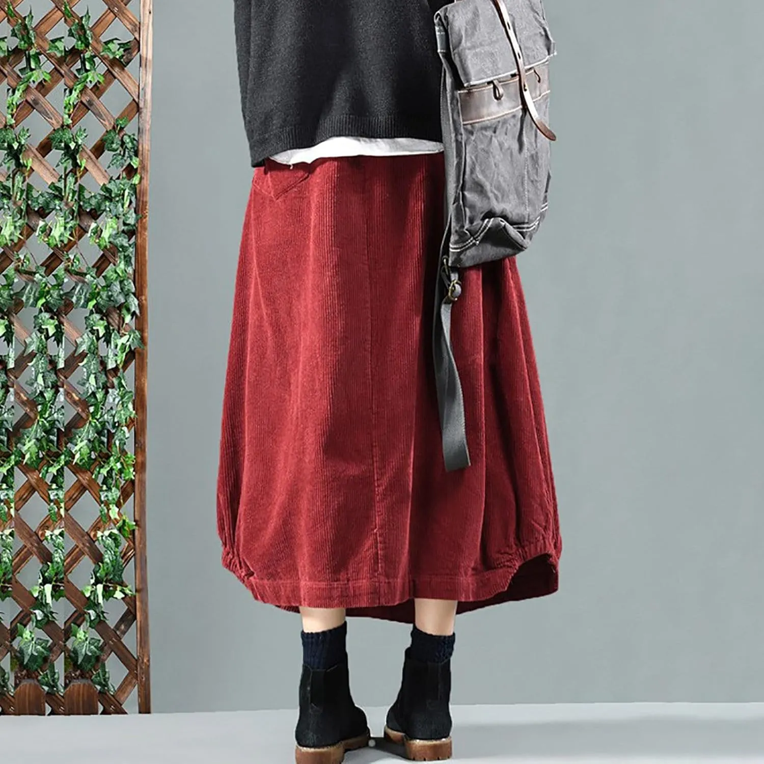 Women's High Waist Midi Skirt Vintage Elastic A-Line Pleated Button Front Skirts with Pockets
