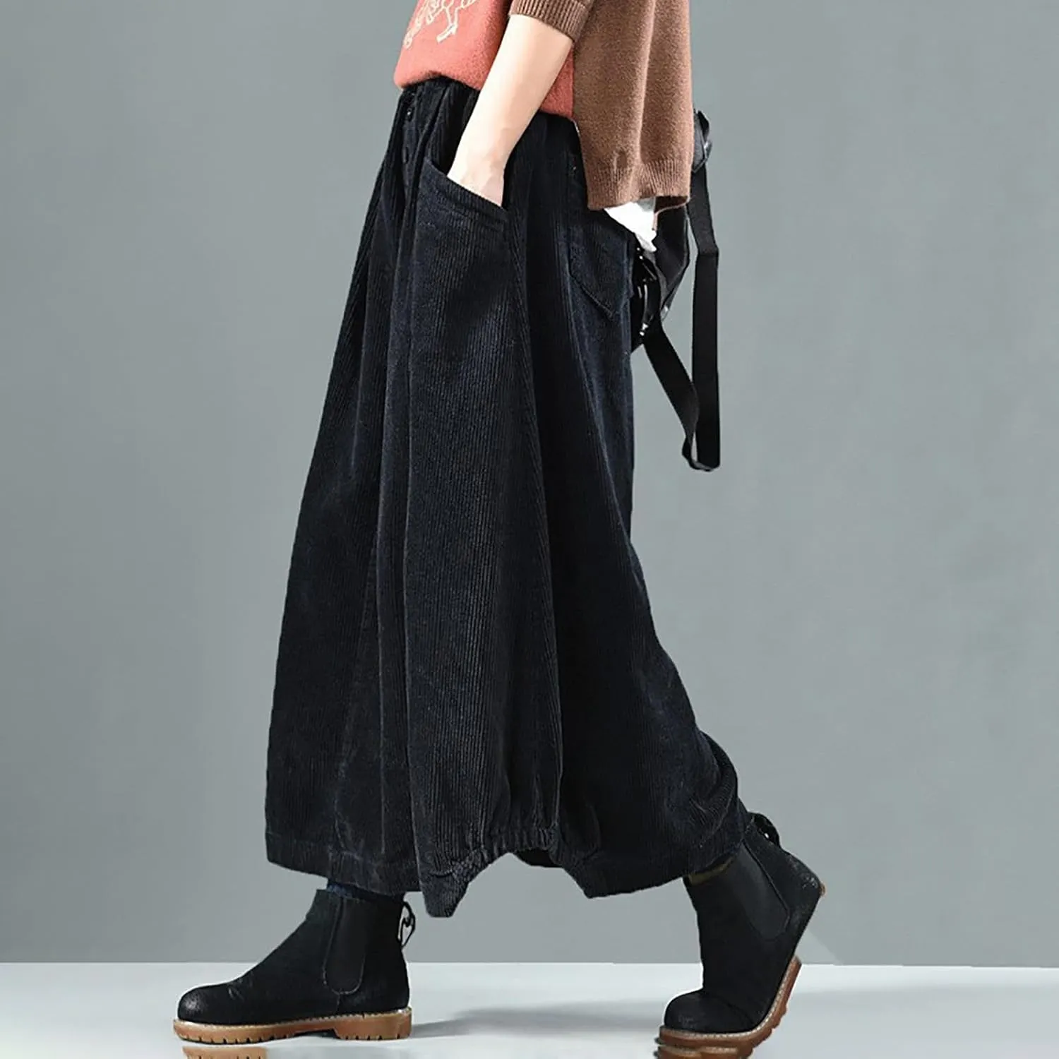 Women's High Waist Midi Skirt Vintage Elastic A-Line Pleated Button Front Skirts with Pockets