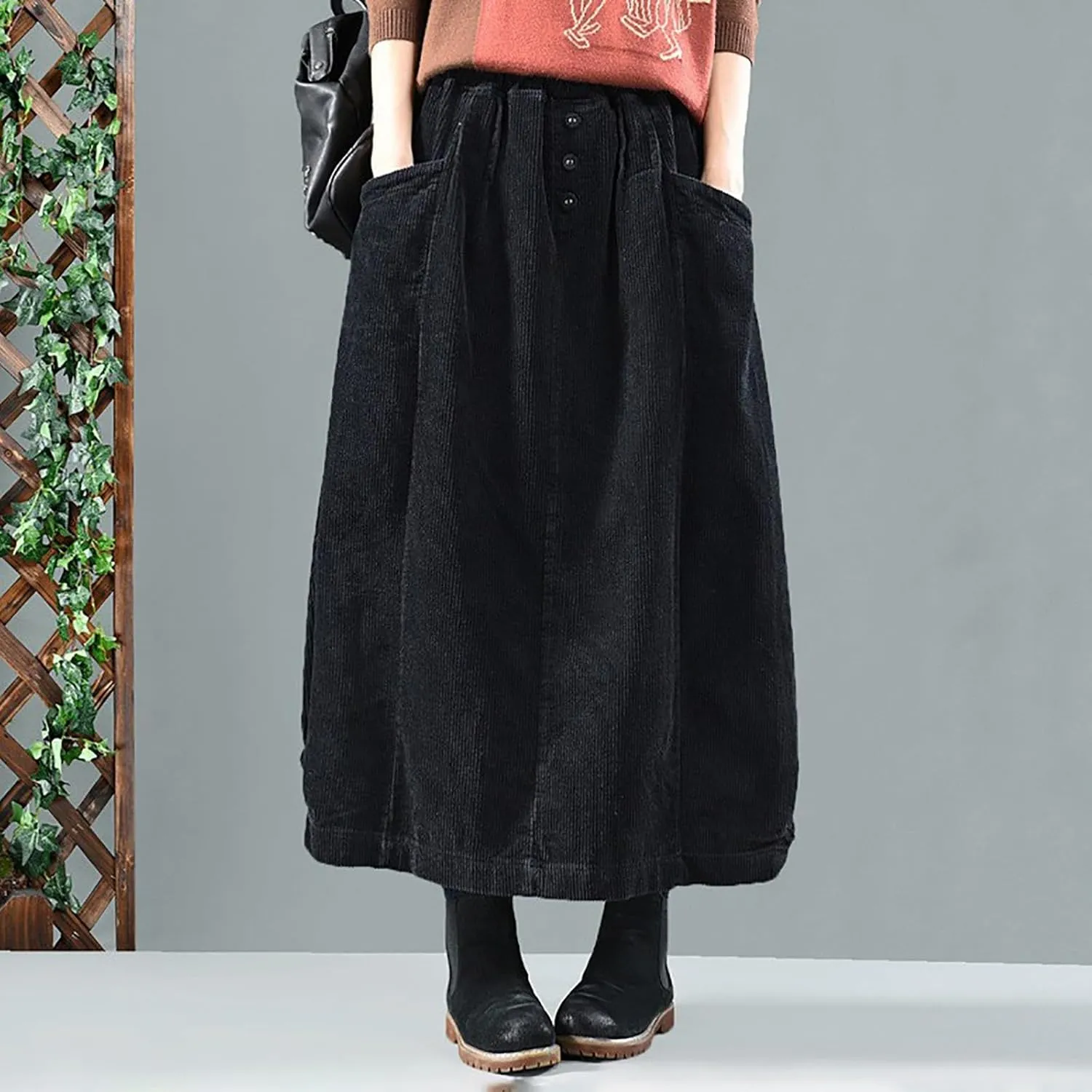 Women's High Waist Midi Skirt Vintage Elastic A-Line Pleated Button Front Skirts with Pockets