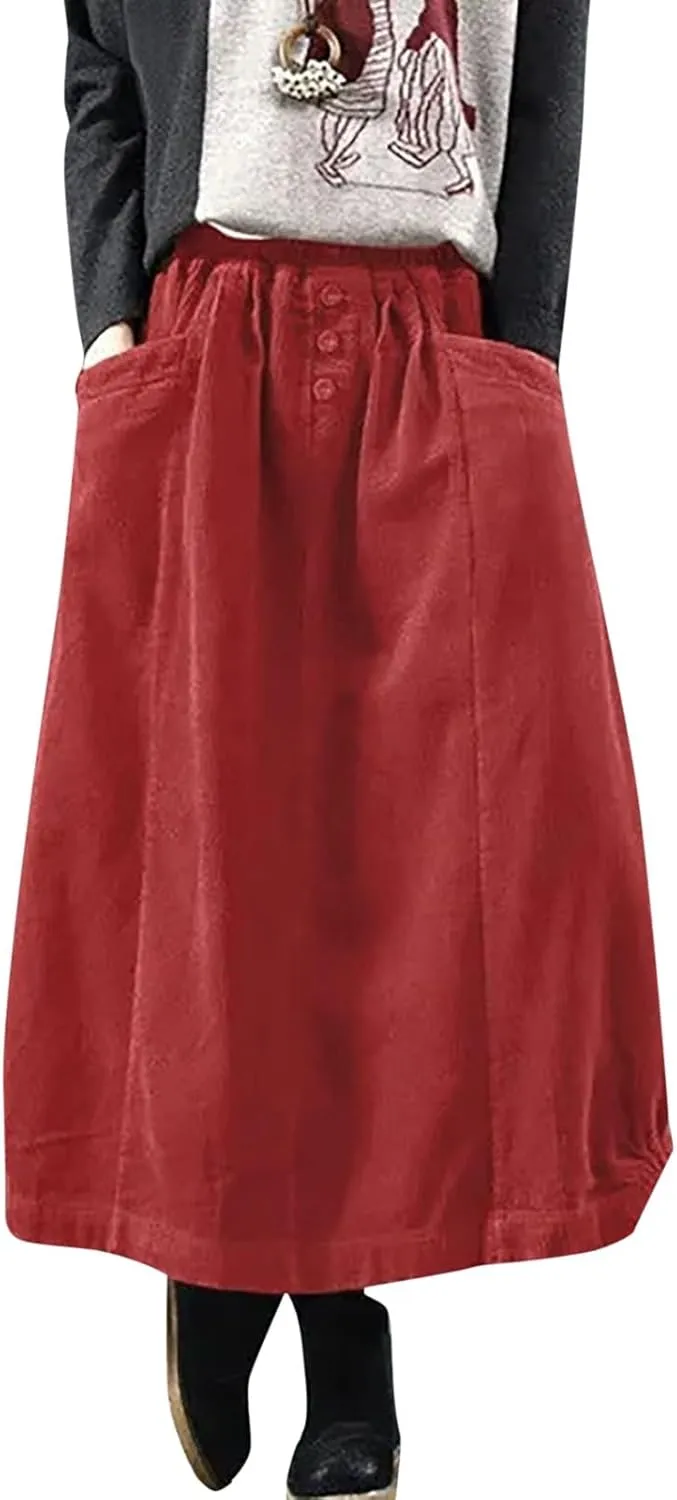 Women's High Waist Midi Skirt Vintage Elastic A-Line Pleated Button Front Skirts with Pockets