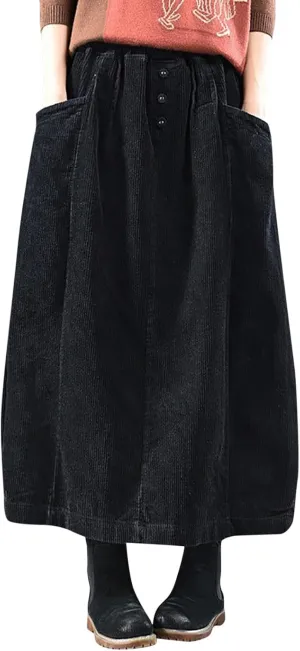 Women's High Waist Midi Skirt Vintage Elastic A-Line Pleated Button Front Skirts with Pockets