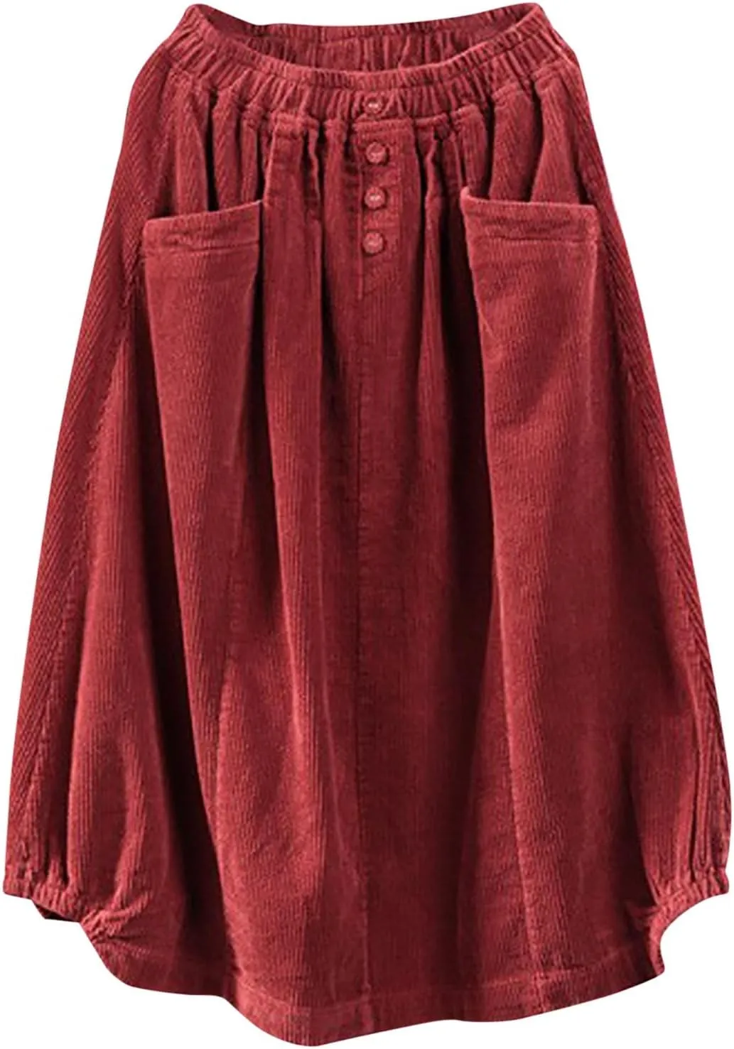 Women's High Waist Midi Skirt Vintage Elastic A-Line Pleated Button Front Skirts with Pockets