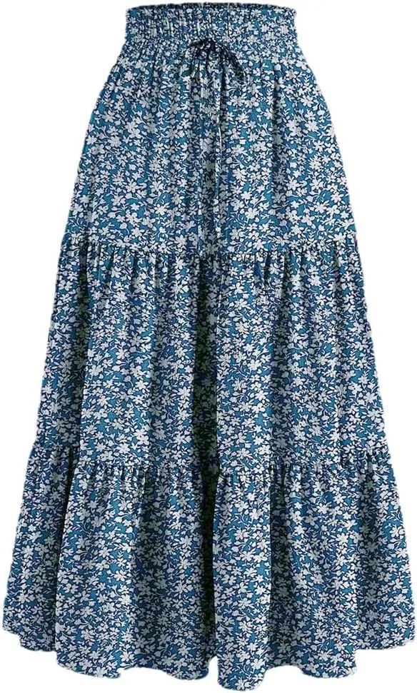 Women's High Waist Pleated A-Line Skirt Casual Office Lady Temperament Thin Floral Skirt