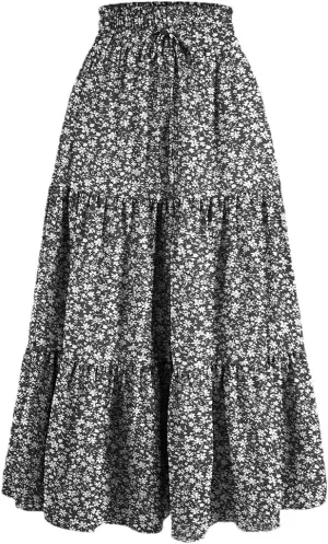 Women's High Waist Pleated A-Line Skirt Casual Office Lady Temperament Thin Floral Skirt