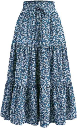 Women's High Waist Pleated A-Line Skirt Casual Office Lady Temperament Thin Floral Skirt