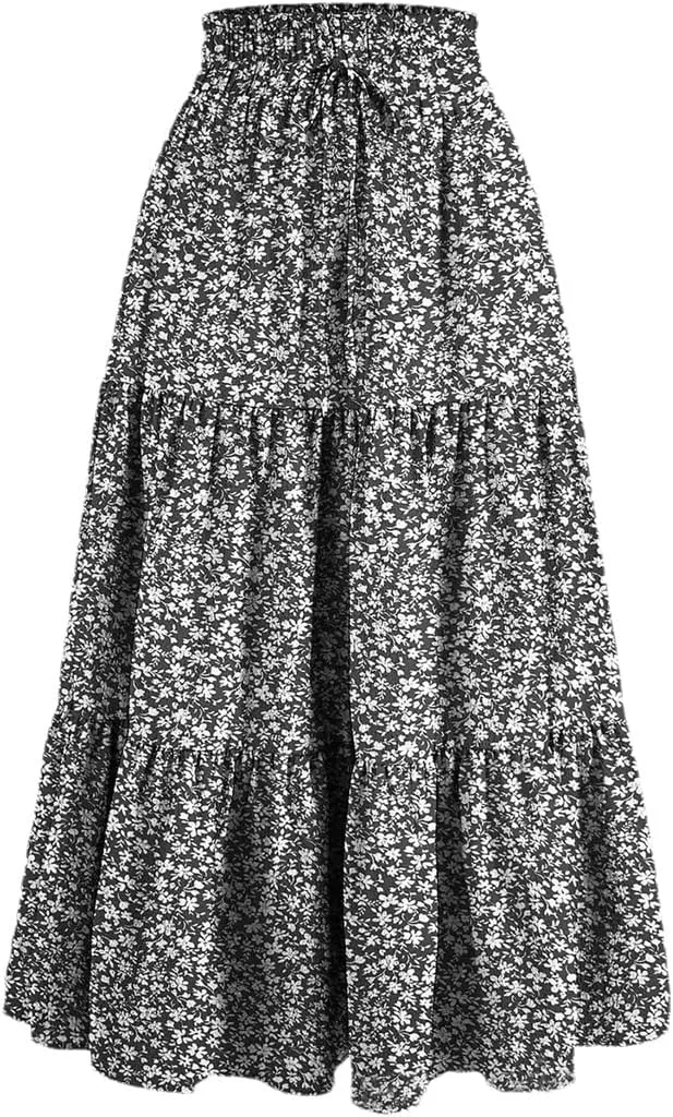 Women's High Waist Pleated A-Line Skirt Casual Office Lady Temperament Thin Floral Skirt