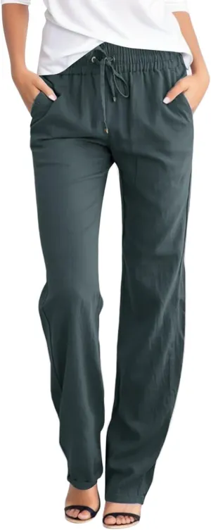 Women's High Waist Slim Straight Leg Pants Elastic Waist with Drawstring Summer Casual Pants with Pockets