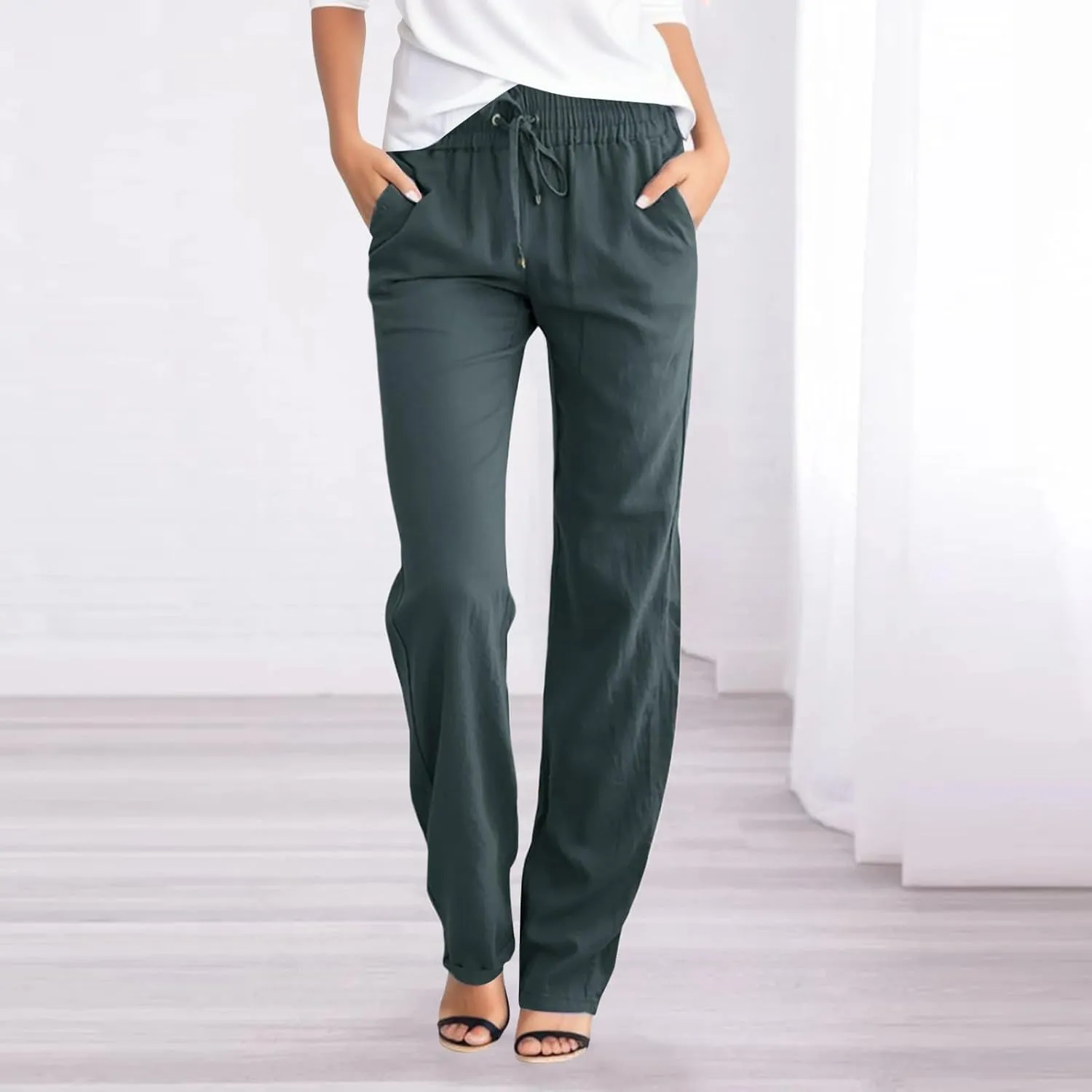 Women's High Waist Slim Straight Leg Pants Elastic Waist with Drawstring Summer Casual Pants with Pockets