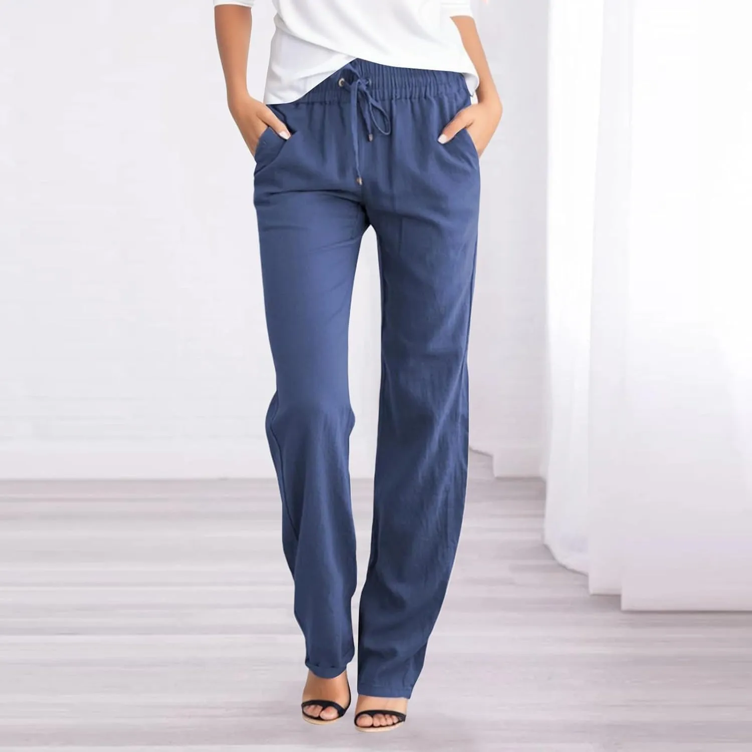 Women's High Waist Slim Straight Leg Pants Elastic Waist with Drawstring Summer Casual Pants with Pockets