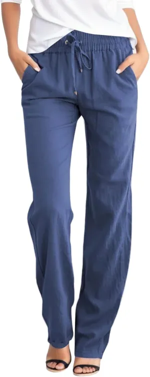 Women's High Waist Slim Straight Leg Pants Elastic Waist with Drawstring Summer Casual Pants with Pockets