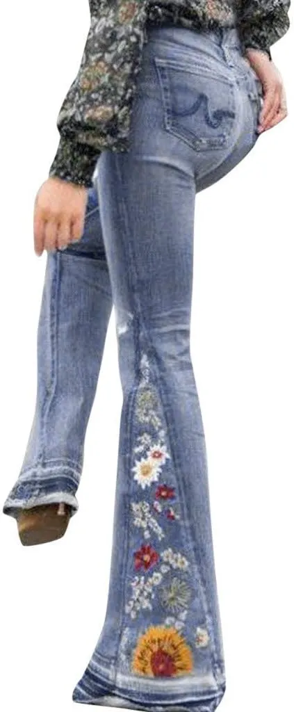 Womens High Waisted Bell Bottom Jeans Flared Denim Pants Embroidered Stretch Wide Leg Jeans Bootcut Jeans for Women Flare Jeans for Women High Waist Baggy Pants (Light Blue,XXXL)
