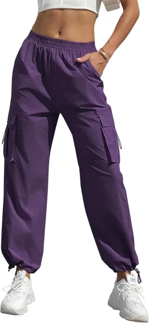 Women's High Waisted Cargo Pants Baggy Trendy Hiking Parachute Pants with Pockets Y2K Cargo Trousers Drawstring Ankles