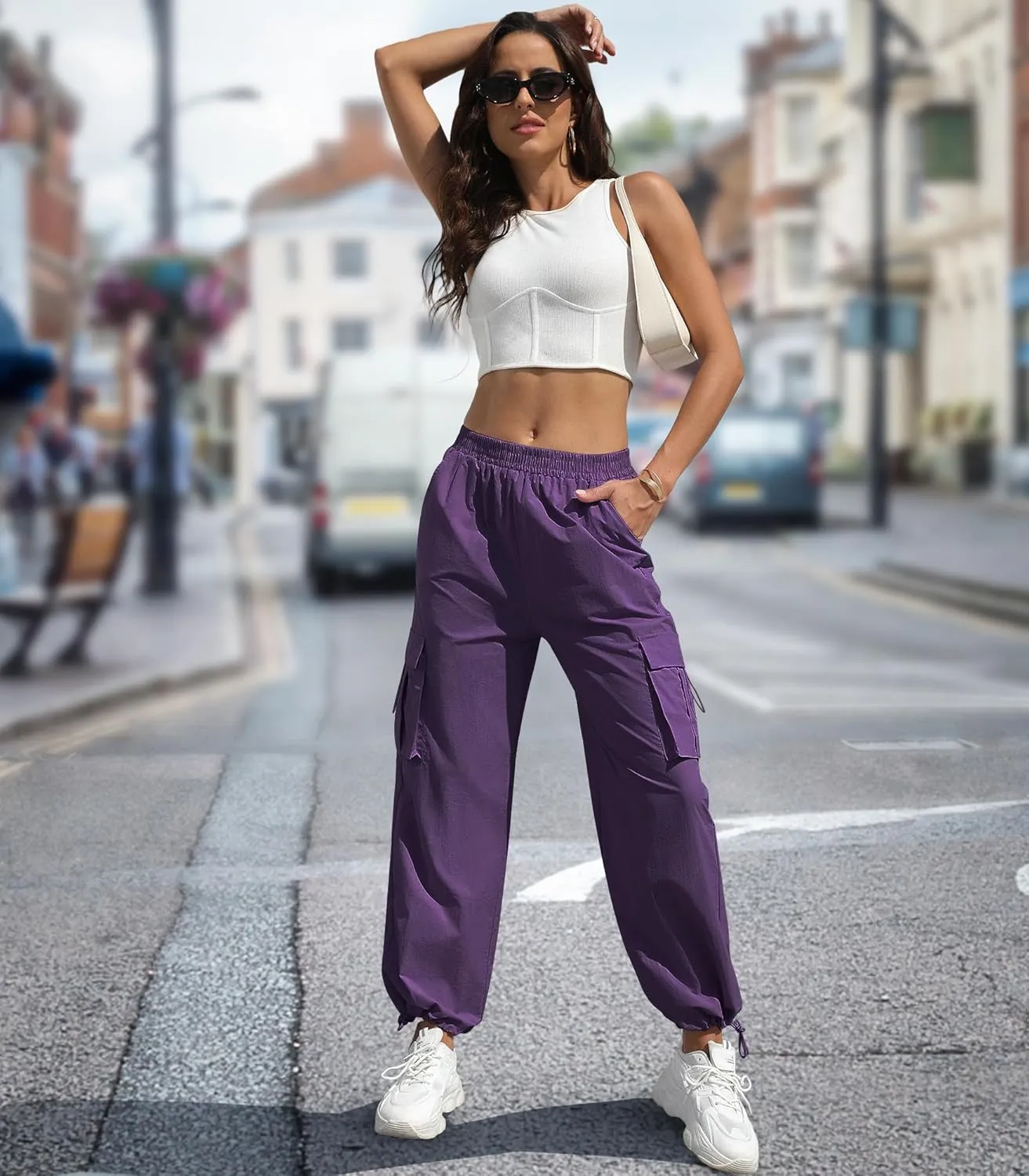 Women's High Waisted Cargo Pants Baggy Trendy Hiking Parachute Pants with Pockets Y2K Cargo Trousers Drawstring Ankles