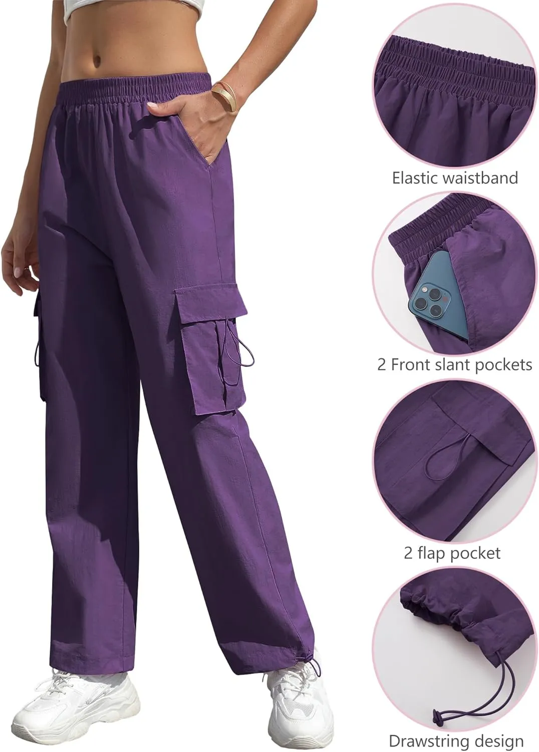 Women's High Waisted Cargo Pants Baggy Trendy Hiking Parachute Pants with Pockets Y2K Cargo Trousers Drawstring Ankles