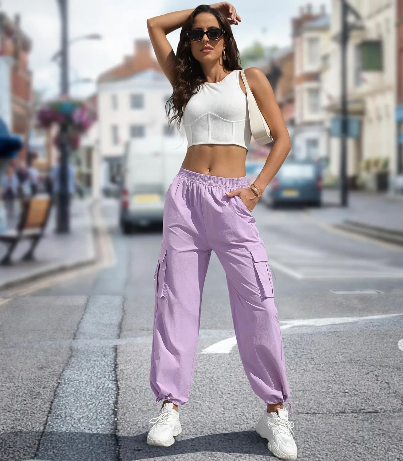 Women's High Waisted Cargo Pants Baggy Trendy Hiking Parachute Pants with Pockets Y2K Cargo Trousers Drawstring Ankles