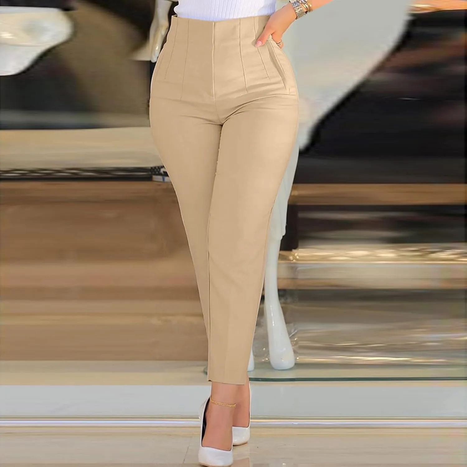 Womens High Waisted Fashion Pants 2025 Trendy Skinny Business Work Casual Pencil Trousers with Pockets