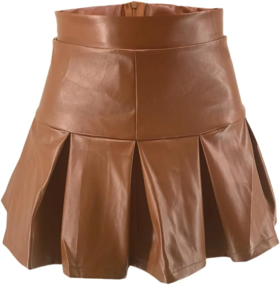 Women's High Waisted Pleated Mini Skirt Faux Leather Trendy A-Line Skirt Plus Size