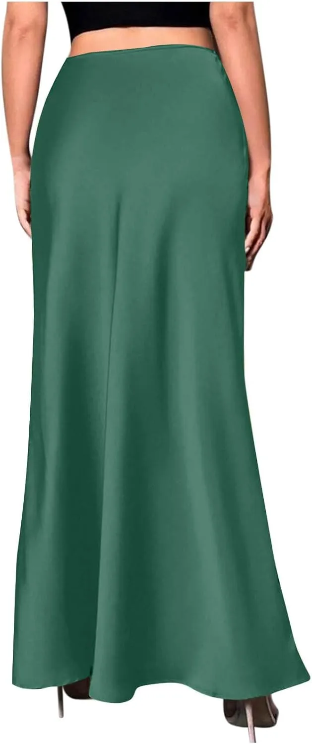 Womens High Waisted Satin Skirts Silk Elegant Long Maxi Skirts Casual A Line Cocktail Party Weekend Midi Skirt