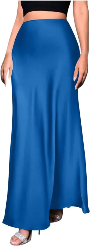 Womens High Waisted Satin Skirts Silk Elegant Long Maxi Skirts Casual A Line Cocktail Party Weekend Midi Skirt