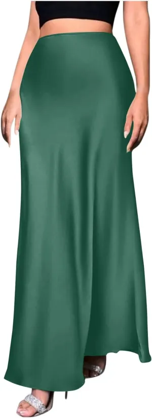 Womens High Waisted Satin Skirts Silk Elegant Long Maxi Skirts Casual A Line Cocktail Party Weekend Midi Skirt